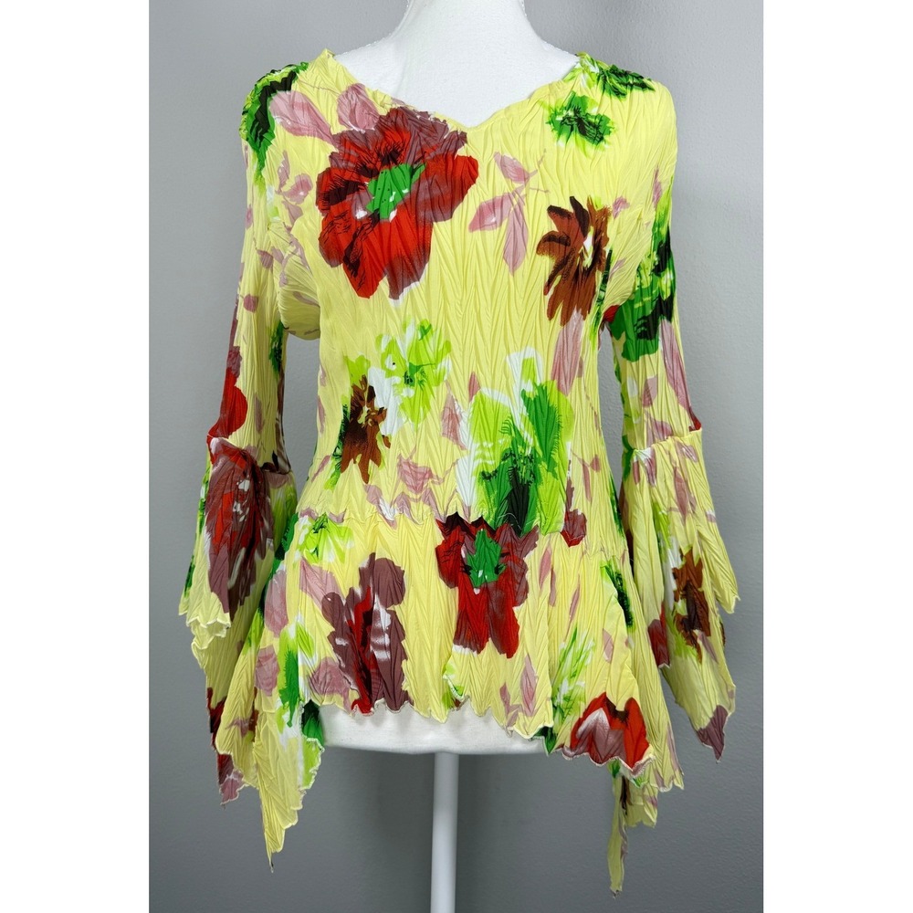 Vintage Y2K Floral Crinkle Top Womens S Yellow Bell Sleeve Sharkbite Fairycore